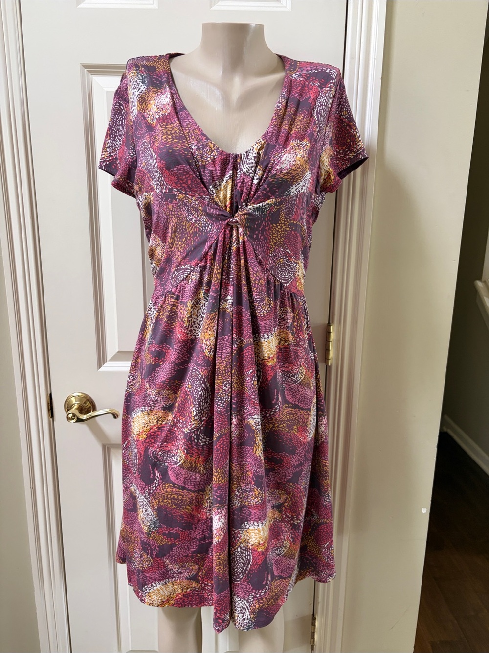 Garnet Hill Pink & Gold Patterned Knot-Front Midi below knee  Dress, 14